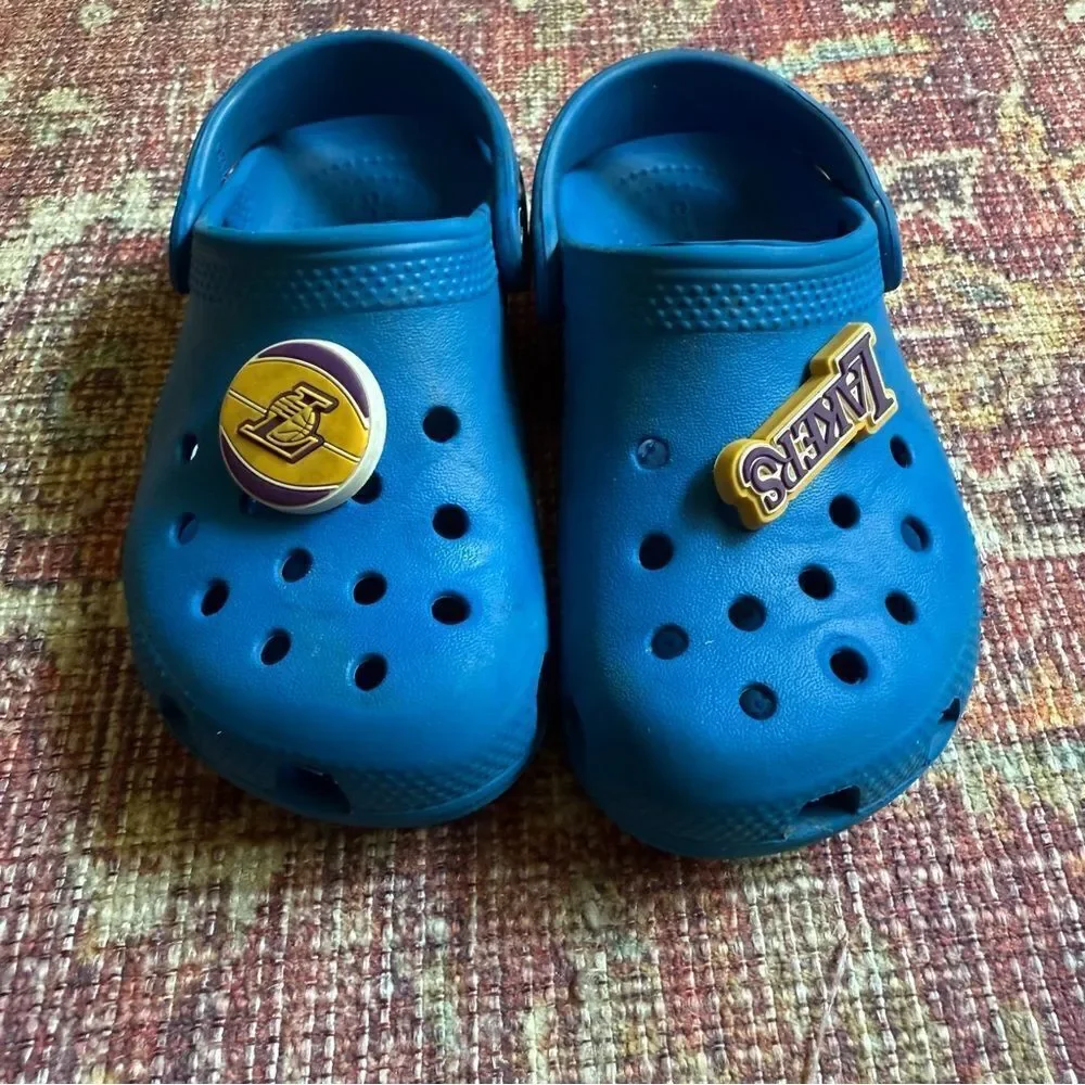 Blue Crocs size C10 with Lakers Charms